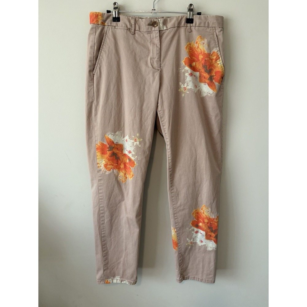 Gap Broken In Khaki Pants Straight Beige With Orange Floral Print Size 8 Boho